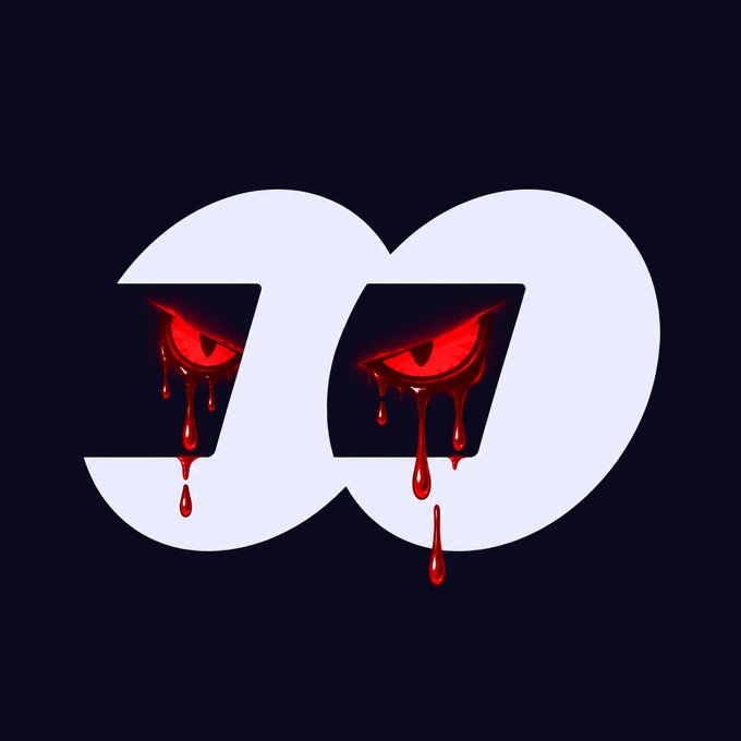 A stylized graphic logo featuring a white cloud or infinity-like shape on a dark background, containing two red eyes with blood dripping downward.