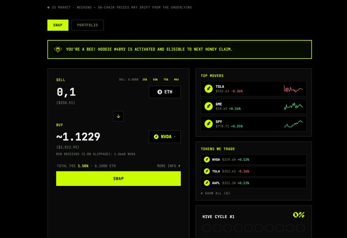 Dark-themed cryptocurrency swap interface showing a trade of 0.1 ETH for approximately 1.1229 NVDA tokens, with top movers including TSLA, GME, and SPY listed on the right.