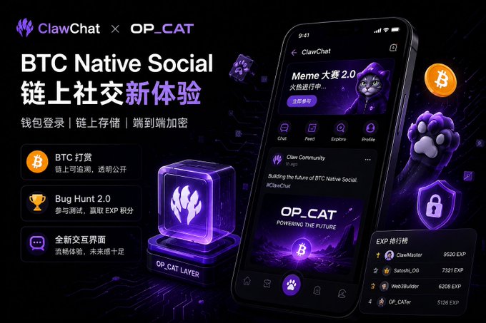 The image features an advertisement for a new app called "OP Cat" that is designed for Bitcoin enthusiasts. The app is displayed on a cell phone screen against a black background with purple elements. The text on the screen reads, "I've been closely following the developments in the BTC ecosystem lately, and I've also tried out quite a few products labeled as 'Web3 social.' To be honest, most projects sound exciting when they're just telling their story, but once you actually open them up, there aren't". The app is being promoted by Claw Chat and Op Cat.