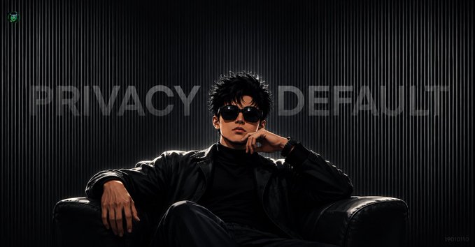 A stylish person in dark clothing and sunglasses sitting in a chair with the text 'PRIVACY BY DEFAULT' faintly displayed in the background.
