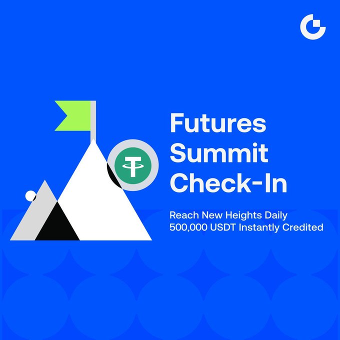 A blue promotional graphic for a crypto exchange's "Futures Summit Check-In" event, featuring an illustration of a mountain with a green flag at its peak and a Tether (USDT) coin icon. The text reads "Reach New Heights Daily" and "500,000 USDT Instantly Credited," with the exchange's logo in the top right corner, reinforcing the post's call to join the summit rewards program before the prize pool runs out.