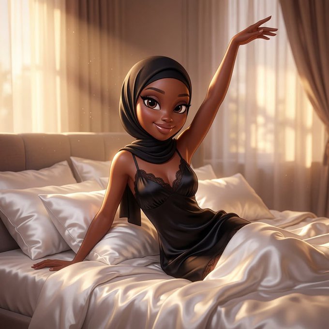 The image portrays a serene indoor setting, featuring a woman in a black hijab and matching garment seated on a bed. There is no visible text, tickers, or names within the image itself. The post "Can I get GM?" could be related to the woman's pose, which resembles a gesture one might use when asking for a particular type of car, genetically modified organisms, or something else denoted by the initials "GM" depending on the context not provided. Without additional information, it's unclear how the image specifically relates to the post's query.