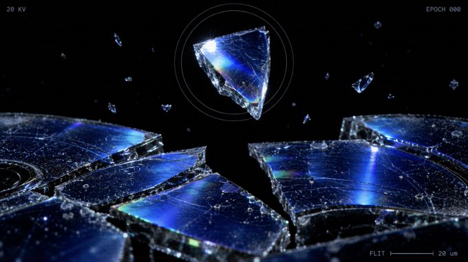 A close-up microscopic view of broken, reflective blue glass shards against a black background, with text reading "20 KV", "EPOCH 000", and a scale bar of "20 um".
