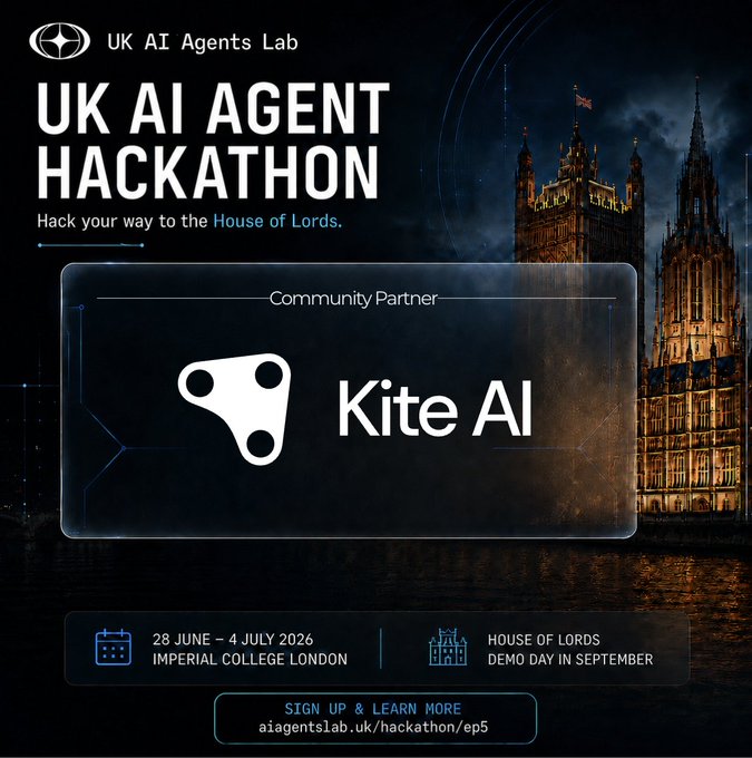 The image is a promotional graphic for the "UK AI Agent Hackathon" by UK AI Agents Lab, featuring Kite AI as a Community Partner, with the background showing an illuminated Palace of Westminster. Key event details include dates of 28 June – 4 July 2026 at Imperial College London and a House of Lords Demo Day in September, directing viewers to aiagentslab.uk/hackathon/ep5.