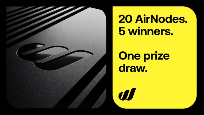 The image features an advertisement for AirNodes that includes a black background with white text. The text highlights the AirNodes' live status and announces a contest where participants can win 20 AirNodes each, with 5 winners receiving one prize draw entry.