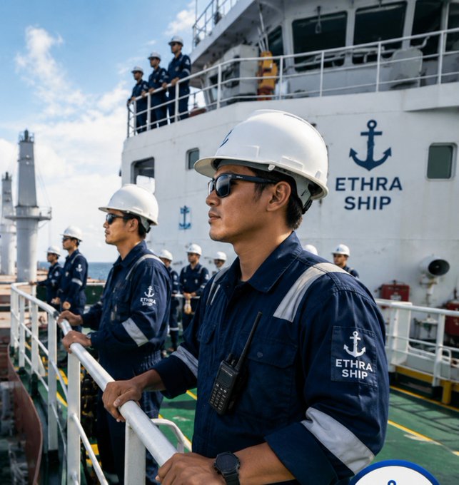 Sailors in blue uniforms and white hard hats stand on the deck of the Ethra Ship, with the company name clearly displayed on the vessel's hull and uniform sleeves.