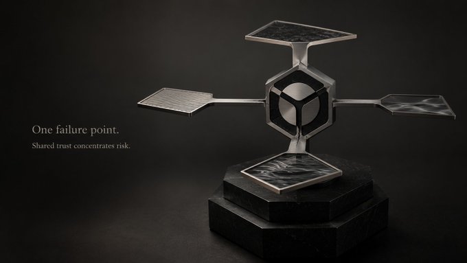A dark, cross-shaped sculpture on a pedestal is displayed with the text 'One failure point. Shared trust concentrates risk.'