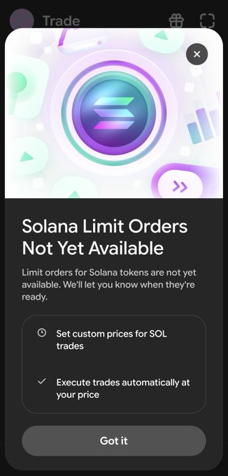 Mobile app screenshot showing a "Trade" feature with a message that "Solana Limit Orders Not Yet Available," promising custom prices and automatic trade execution.