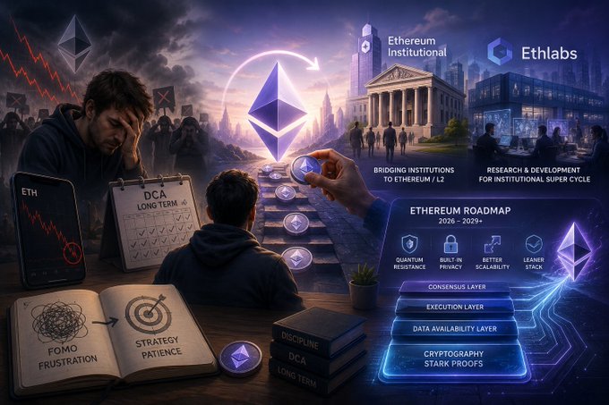 The image depicts an emotional journey with Ethereum, contrasting scenes of "FOMO Frustration" and price decline with a "Strategy & Patience" notebook showing a "DCA Long Term" plan, an "Ethereum Institutional" building, "Ethlabs" researching "Research & Development for Institutional Super Cycle," and an "Ethereum Roadmap 2026-2029+" detailing layers like Consensus, Execution, Data Availability, and Quantum Resistance. This visual connects to the post by symbolizing the choice between succumbing to frustration over weak ETH price action and committing to a disciplined, patient DCA strategy driven by Ethereum's promising institutional and technical future.