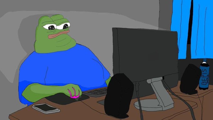 A crudely drawn cartoon of the Pepe the Frog meme character sitting at a desk using a computer mouse, with a smartphone and a can labeled 'PEPIS' nearby.