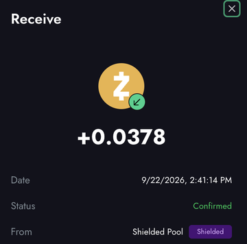 A Zcash (ZEC) cryptocurrency wallet interface showing a 'Receive' screen with a confirmed incoming transaction of +0.0378 from a Shielded Pool on 9/22/2026 at 2:41:14 PM.