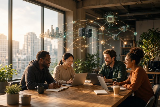 Four diverse people collaborate around a wooden table with laptops in a bright modern office, while a digital network of servers and connections floats above them.