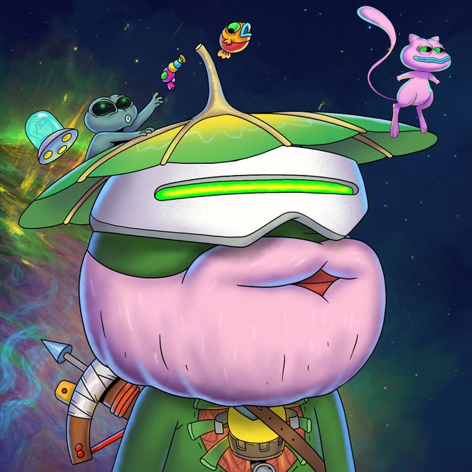 A digital illustration of a character in a large green hat and white VR-style visor with a glowing green eye slit, accompanied by small cartoon creatures including a gray alien, a bug, a floating object, and a pink cat-like creature, all set against a colorful cosmic space background.