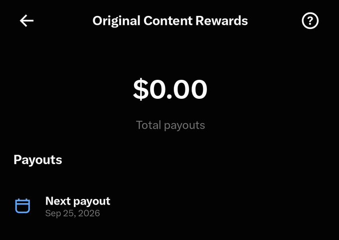 The image shows an "Original Content Rewards" screen displaying "$0.00" in total payouts with the next payout scheduled for Sep 25, 2026. This relates to the poster's excitement about their first upcoming payout from the Original Content Rewards program, humorously noting they'll have to "cook" despite the current zero balance.