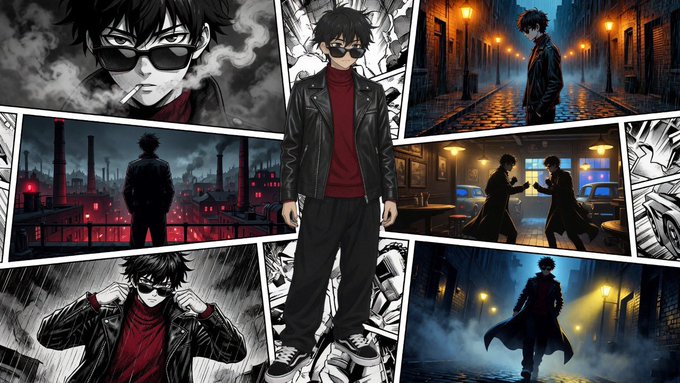 A manga-style collage featuring a cool, mysterious character in a black leather jacket and sunglasses across various urban, rain-soaked scenes. The comic-book aesthetic of strength and rebellion complements the motivational "gm frens" message about building and productivity for the week ahead.