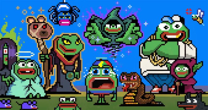 A colorful pixel art illustration featuring various Pepe the Frog characters in different costumes and forms, resembling a parody of a religious or classical painting.