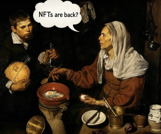 A Baroque-style painting of a boy holding a melon and a bottle being served eggs by an older woman, with an added speech bubble from the boy reading "NFTs are back?".