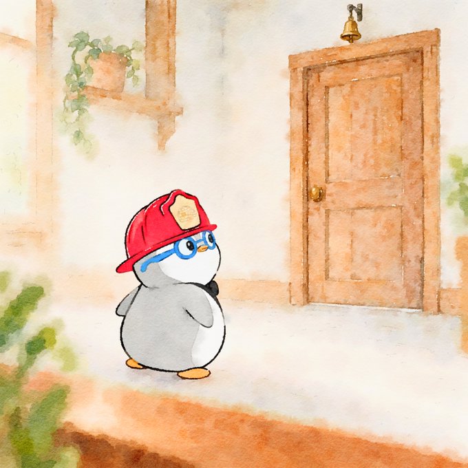 A watercolor-style illustration of a small penguin wearing a red firefighter helmet and blue glasses standing near a wooden door with a bell above it.