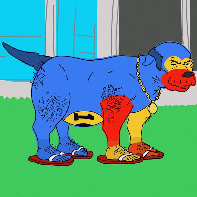 A cartoon illustration shows a blue, red, and yellow dog-like creature wearing a gold chain and sandals, standing on green grass in front of a building.