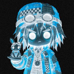 A stylized blue-tinted artwork featuring a character with glowing white eyes and a small mouse companion, with a checkered pattern design.