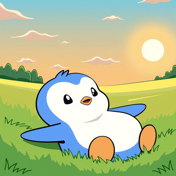 A cartoon illustration of a chubby blue and white penguin sitting in green grass under a sunset sky.