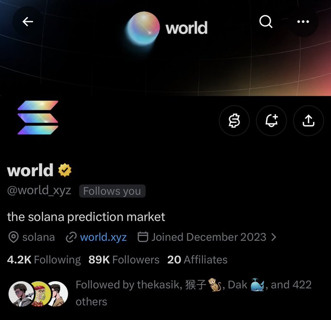 Twitter/X profile for 'world' (@world_xyz), described as 'the solana prediction market', with 89K followers, joined December 2023.