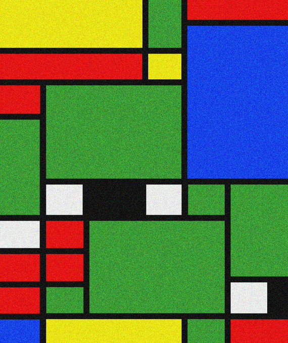 An abstract geometric composition features various sized rectangles in primary colors (red, yellow, blue) and green, along with black, white, and gray squares separated by thick black lines.