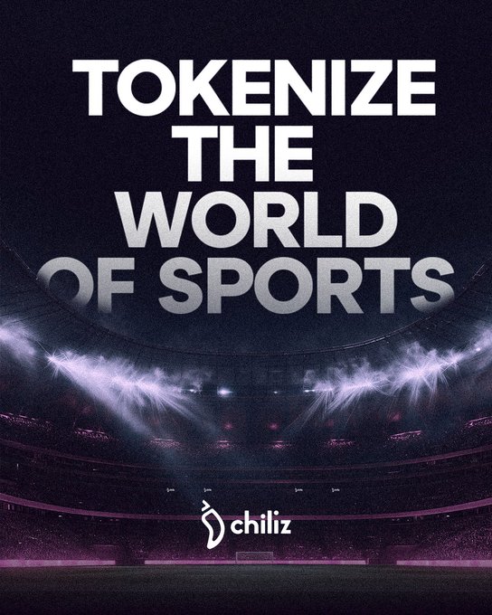 A bold headline reading "TOKENIZE THE WORLD OF SPORTS" is displayed over a darkened, illuminated stadium backdrop, with the Chiliz logo featured below—directly visualizing the brand's mission to bring blockchain-based equity tokenization to the global sports industry in partnership with Socios and Securitize.