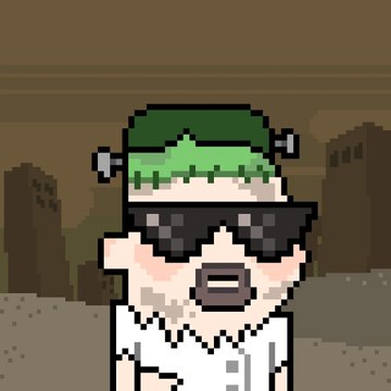 A pixel art character with a green headband, dark sunglasses, and a goatee wearing a white shirt against a brown background.