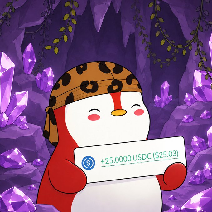 A cartoon penguin character wearing a leopard-print hat in a purple crystal cave, holding a sign that reads '+25.0000 USDC ($25.03)'.