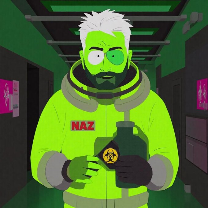 A South Park-style cartoon image depicting a character in a green hazmat suit with 'NAZ' written on it, holding a container with a biohazard symbol.