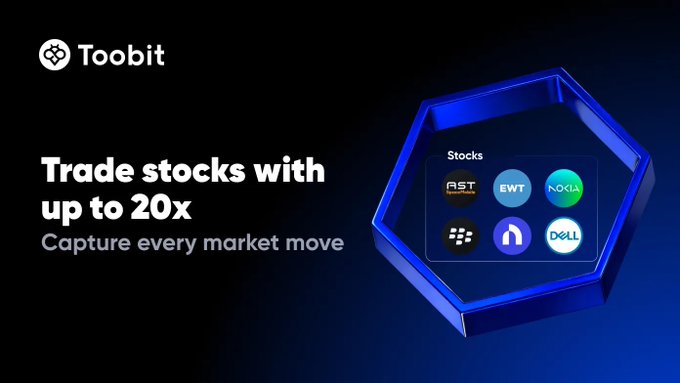 A blue hexagon-shaped trade alert with a series of stock logos inside, including Microsoft stock logo and bitcoin logos among others, is displayed above text that says "New listing alert! Trade New Stock Futures: #NVOUSDT, #BBXUSDT, #NOKUSDT, #EWTUSDT, #ASTSUSDT, #DELLUSDT with up to 20x leverage on TOOBIT!". This information suggests the viewer is interested in trading these particular stocks or similar ones.