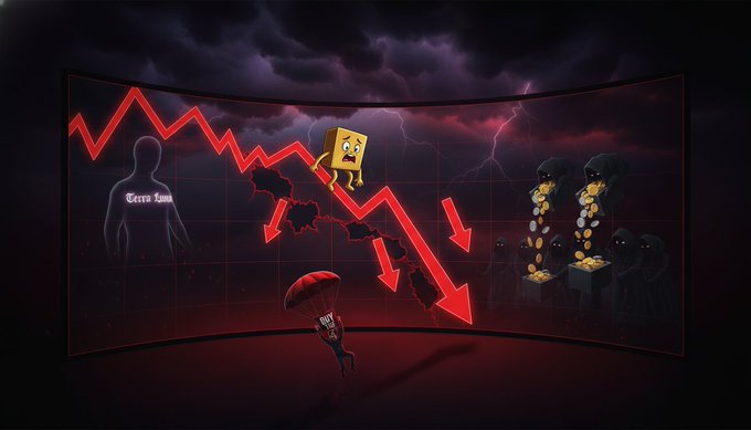 The image displays an animated scene featuring a yellow robot facing downward with a red line, suggesting a downwards trend or decrease. A smaller figure carrying an umbrella appears next to the main robot, further emphasizing the negative atmosphere of the event. In the background, there is a graph with numbers indicating a financial downturn related to Bitcoin. An accompanying text explains how this market decline has reignited discussions on stability and systemic risk in Bitcoin trading.