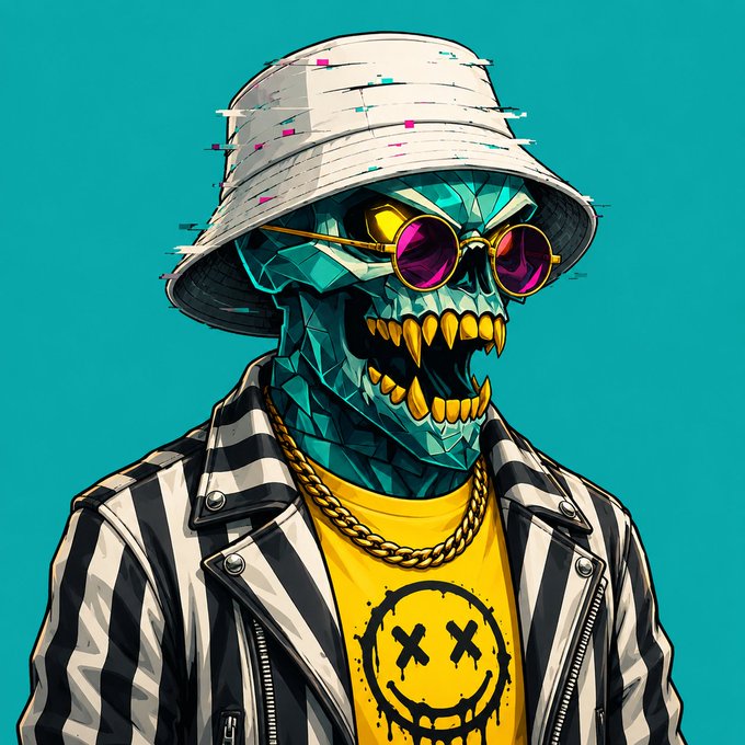 A stylized digital illustration depicts a turquoise, skull-like figure wearing a white bucket hat, round sunglasses with pink lenses, a black and white striped jacket, gold chains, and a yellow shirt featuring a black smiley face with X eyes.