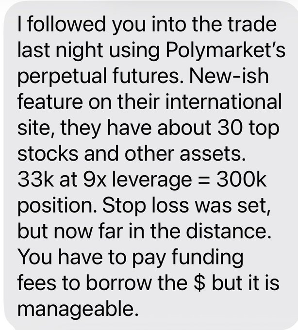 Text message describing a trade using Polymarket's perpetual futures feature with 9x leverage on a $33k position ($META implied), noting manageable funding fees despite a distant stop loss.