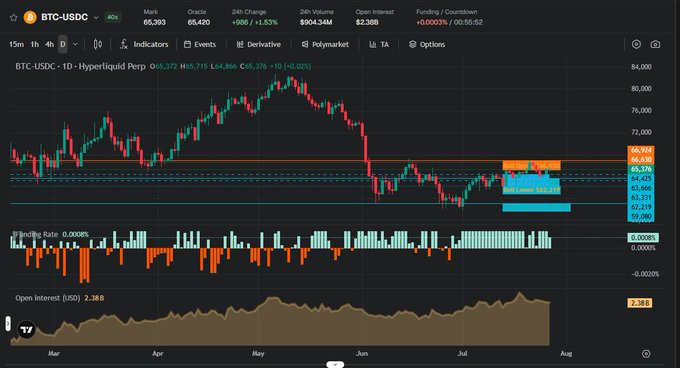 A complex financial chart from TradingView showing BTC-USDC on Hyperliquid Perp, with a 1D candle chart, price at 65,393, and funding rate of +0.0003%.