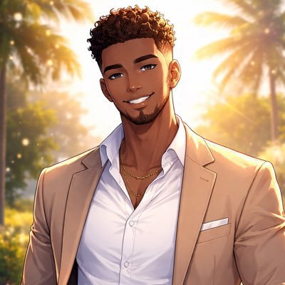 An anime-style portrait of a smiling young man with curly hair in a tan blazer and white shirt, set against a sunny palm tree background.