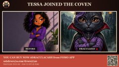 A promotional graphic reading 'TESSA JOINED THE COVEN' with a cartoon Black female character labeled 'BEFORE' and a vampire version labeled 'DEMONIZED', advertising FOBO app.