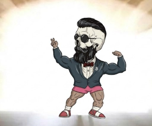 A cartoon illustration of a bearded man in a suit with a red bow tie and an eyepatch, wearing pink shorts and red sneakers, making a peace sign with one hand.