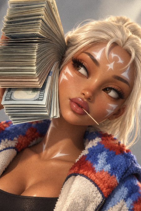 A stylized digital artwork of a blonde woman with star face paint holding a thick stack of hundred-dollar bills near her head while wearing a red, white, and blue cardigan.