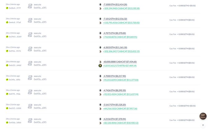 A blockchain explorer transaction log showing multiple incoming ETH transactions to an address ending in 'd395', with various USD cash values.