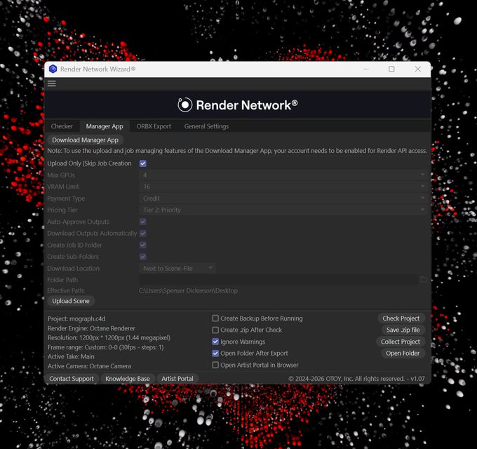 The image shows a computer screen displaying a text box with information about the Render Network C4D Wizard. The text box highlights that the wizard has been updated to v1.07, which includes improved Insydium Fused X-Particles support, smarter xpCache handling, Redshift Beauty + AOV submissions from the Manager Tab, and clearer preflight warning behavior. Additionally, it mentions that the wizard is now supported by OCIO guidance and that the Manager App has been updated to include a new feature for managing files in the Downlink Apps folder.