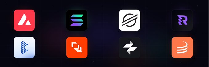 The image features a horizontal row of six different logos, each with its own unique design and color scheme. The logos include various app icons such as "AVAX", "SOLANADO", "STELLARORG", "ASSET", "BKN", and "PLUMENETWORK". These logos are arranged in a straight line, showcasing the diversity of the apps represented by each logo.