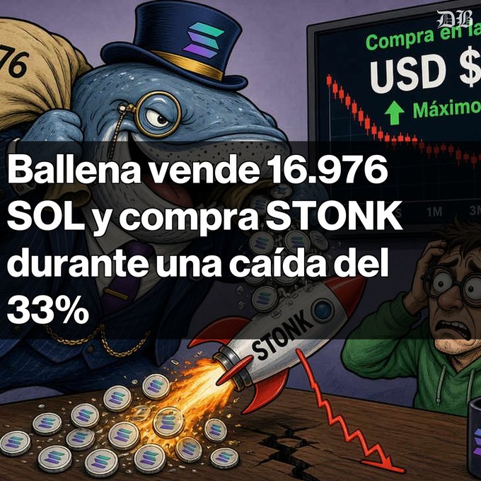 A cartoon whale wearing a top hat and monocle rides a rocket labeled 'STONK' while spilling coins, with a stock chart and Spanish text reading 'Ballena vende 16.976 SOL y compra STONK durante una caída del 33%' and 'Compra en la USD $ Máximo'.