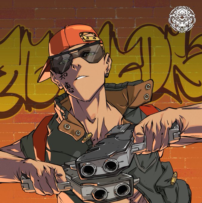 Anime-style digital artwork of a character wearing an orange cap, dark sunglasses, and face tattoos, holding dual guns against a graffiti-covered brick wall.