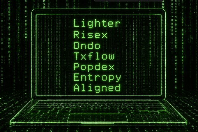 A Matrix-style green digital rain background featuring a laptop displaying a list of crypto protocols: 'Lighter, Risex, Ondo, Txflow, Popdex, Entropy, Aligned.'
