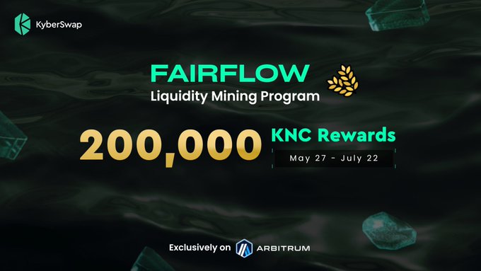 The image features a poster with a dark background that displays text about an upcoming mining season. The poster announces that there will be 200,000 KNC rewards available for miners who participate in the FairFlow Liquidity Mining Program during the month of May. The program offers three different earning streams to help miners earn these rewards: LP fees, EG sharing, and extra KNC rewards by KyberSwap. The poster also mentions that this mining season will run from August 4th through August 8th on Arbitrum, which is a cryptocurrency exchange where miners can trade their tokens for the rewards.