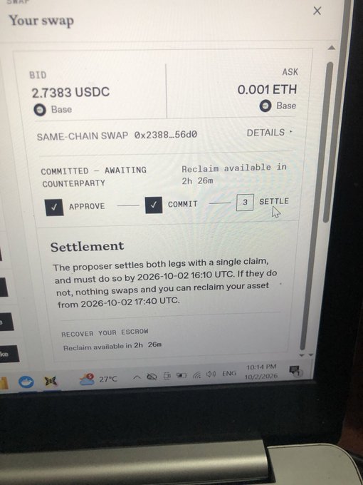 A laptop screen displays a crypto swap interface showing a 'Your swap' transaction between 2.7383 USDC (BID) and 0.001 ETH (ASK) on Base, currently committed and awaiting counterparty settlement.