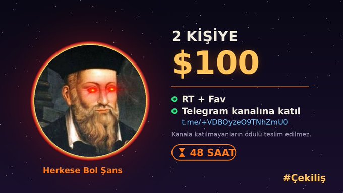 A giveaway graphic featuring Nostradamus with glowing red eyes offers $100 to 2 winners, requiring participants to retweet, favorite, and join the Telegram channel (t.me/+VDBOyzeO9TNhZmU0) within 48 hours, with non-compliant entries disqualified.