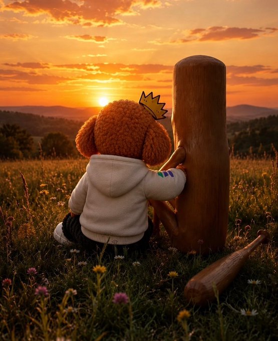 A plush puppy wearing a small golden crown sits beside a baseball bat in a sunset field, symbolizing the search for a "diamond in the rough." The whimsical scene of a crowned figure in the wild mirrors the post's theme of actively hunting for a hidden low-market-cap memecoin gem.